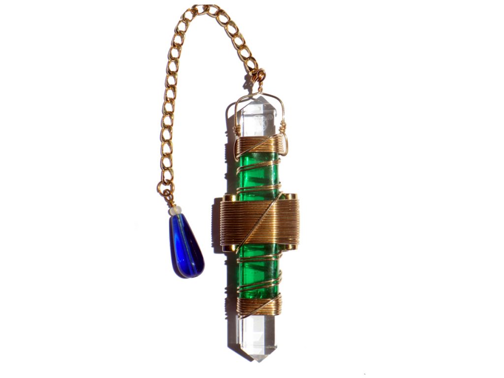 3.5 Clear Crystal with Green Gel and Gold filled wire wrap