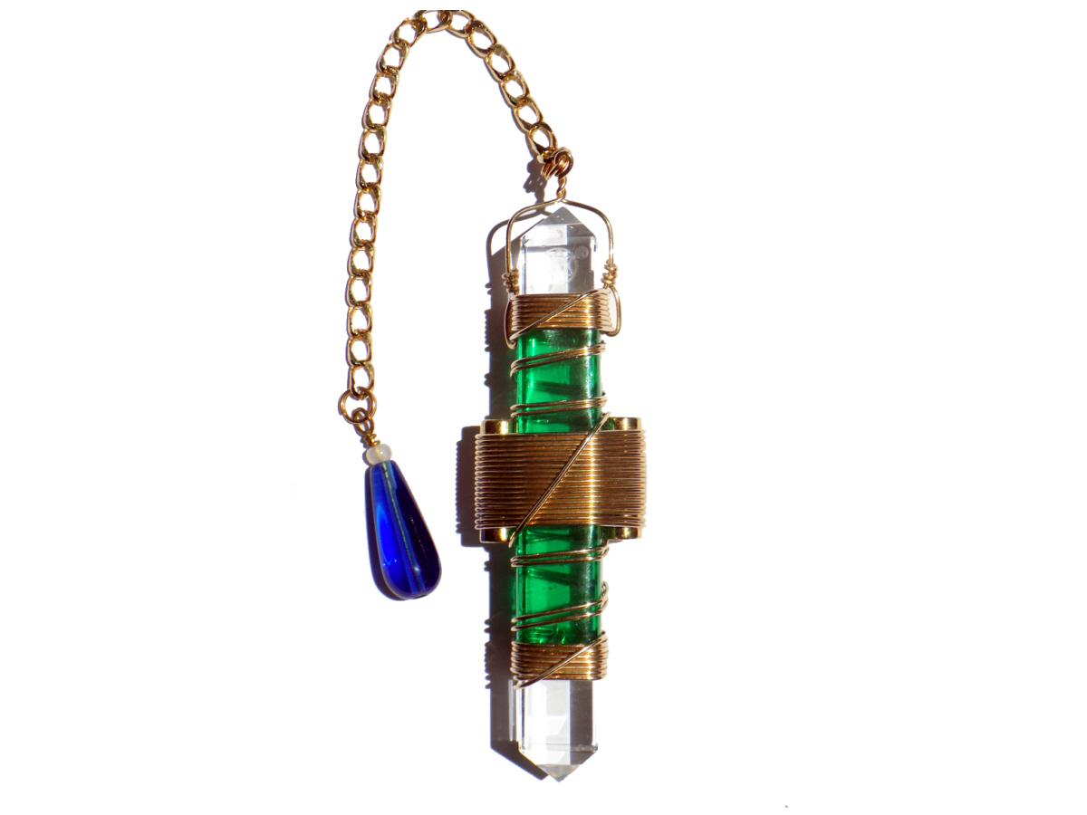 3.5 Clear Crystal with Green Gel and Gold filled wire wrap